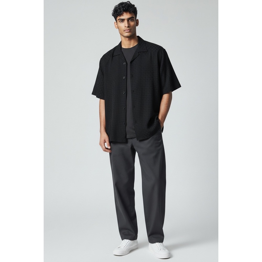 Wilke Rodriguez Silk Cotton Camp Shirt L Black Button Front Short Sleeve Capsule